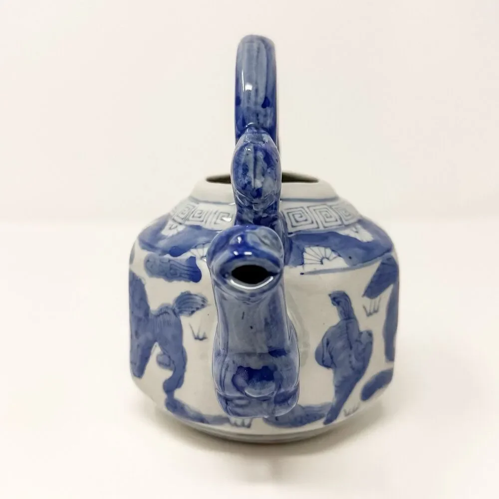 Blue White Foo Dog Porcelain Teapot Vase Chinese Guardian Lion Decor Planter